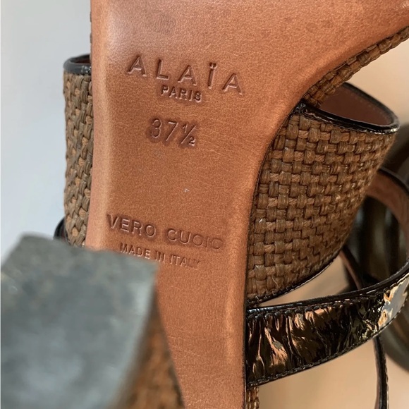 Alaia Paris Brown Woven with Black Patent Ankle Strap Heels Strappy 37.5 /7.5 - Picture 5 of 6